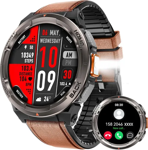 KE5 Military Smart Watch for Men with Flashlight SOS 3ATM Waterproof Watch 530mAh Big Battery 1.45" Rugged Tactical Smartwatch with Compass