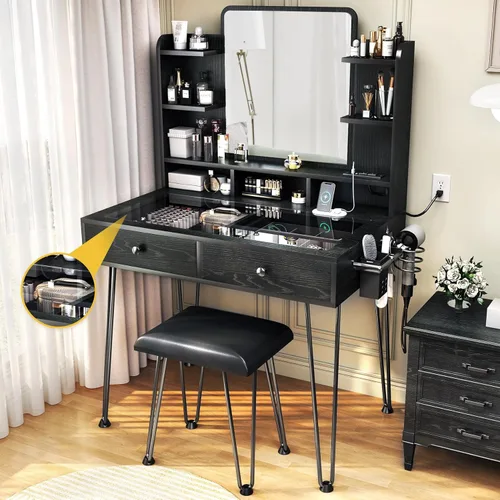 Vista 9 de TC-HOMENY Escritorio de maquillaje con parte superior de cristal, tocador con soporte para herramientas para el cabello y estación de carga, 2