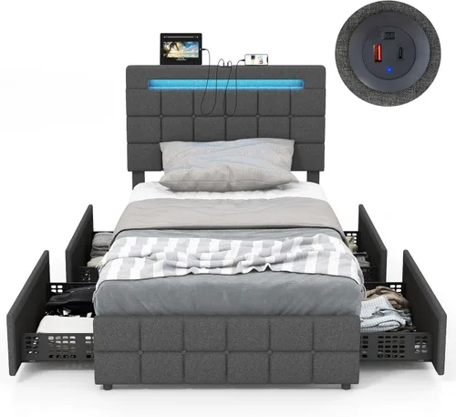 Vista 9 de KOMFOTT Base de cama individual con estación de carga y luces LED, base de cama de plataforma tapizada con cabecera ajustable y 4 cajones