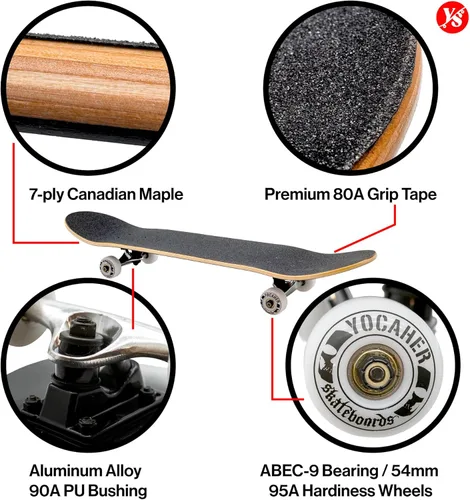 Vista 3 de Yocaher Skull Series Pro Complete Skateboard for Beginners & Teens - 7.75” x 31” Double Kick Concave Maple Wood Deck, ABEC-9 Bearings, 54mm Wheels