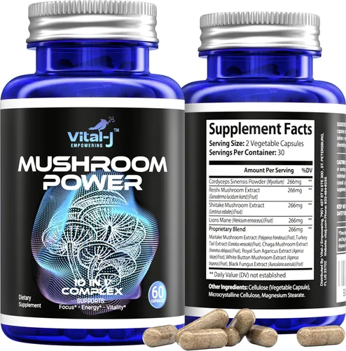 Vista 6 de Mushroom Power Complex 10 en 1 con Cordyceps, Reishi, Shiitake y melena de leones, suplemento dietético nootrópico para microbioma intestinal