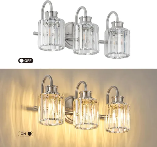 Vista 3 de Lámparas de baño de níquel cepillado con pantalla de cristal K9, iluminación de baño sobre espejo, luces de tocador para sala de estar, dormitorio