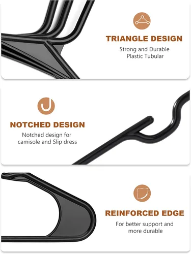 Vista 5 de Jersow Paquete de 50 perchas de plástico negro, perchas para ropa que ahorran espacio, perchas resistentes para armario, perchas antideslizantes