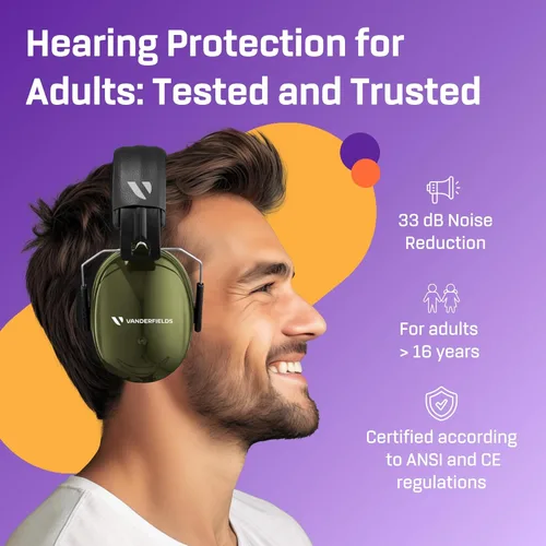 Vista 2 de Vanderfields Orejeras de protección auditiva para reducción de ruido, certificado de 33 dB, protección auditiva de seguridad con cancelación