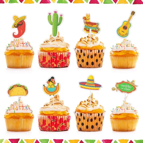 Hying 40 piezas de decoración mexicana para cupcakes, decoración de tartas de fiesta del Cinco de Mayo, cactus y chile, decoración de pasteles de