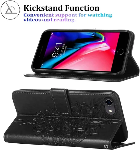 Vista 4 de Funda para iPhone SE 2022/SE 2020, 6/6S/7/8 Mariposa floral en relieve, correa de muñeca, ranuras para tarjetero, funda protectora de cuero