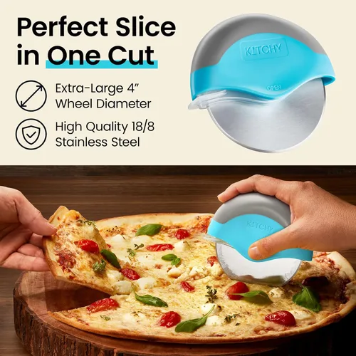 Vista 3 de Rueda para cortar pizza con protección para cuchilla Kitchy, rebanador súper afilado y fácil de limpiar, de acero inoxidable, Azul