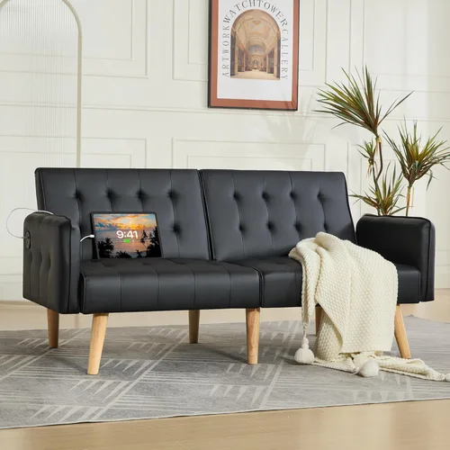 Vista 10 de TYBOATLE Faux Leather Convertible 65'' Folding Futon Sofa Bed w/ 2 USB, Loveseat for Small Space, Apartment, Dorm, Living Room, Office, Black