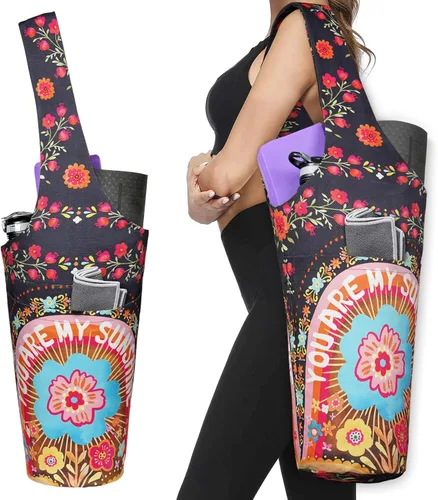 Vista 17 de Bolsa de esterilla de yoga impresa a la moda con bolsillo lateral grande y bolsillo con cremallera, bolsa larga de yoga que se adapta a la mayoría