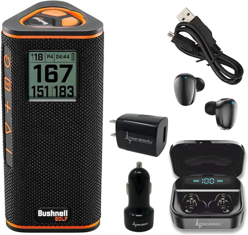 Wearable4U - Altavoz Bluetooth Bushnell Wingman View Golf GPS con auriculares Ultimate Black y paquete de cargadores de pared y coche