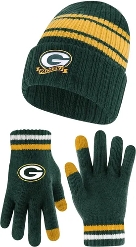 Vista 22 de Ultra Game Gorro de punto de invierno para jóvenes de la NFL, con cálidos guantes de pantalla táctil con rayas