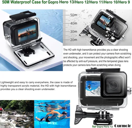 Vista 2 de Gurmoir Kit de accesorios con funda impermeable para GoPro Hero 11/Hero 10/Hero 9 negro, juego de accesorios de video para cámara de acción esencial