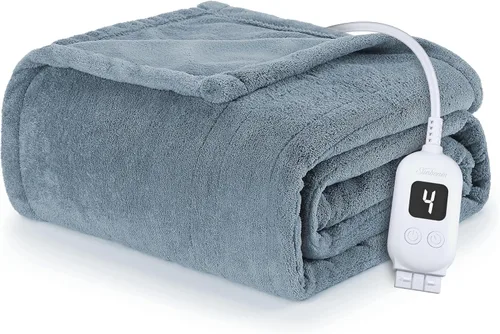 Vista 12 de [Usado] Sunbeam Manta térmica Royal Luxe Microplush 4 Heat Green Plaid 50x60 Cuadros verdes y azules