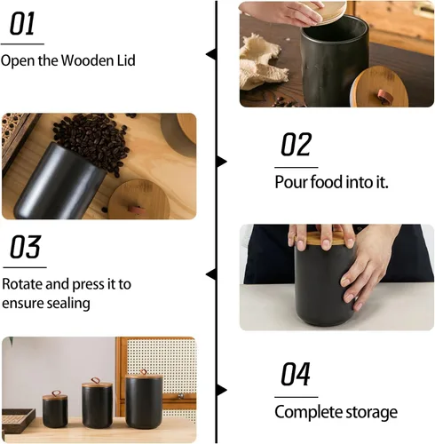 Vista 3 de Juego de botes negros para la cocina, 3 piezas de botes de cerámica con tapa de madera hermética, tarro de almacenamiento de alimentos, recipientes