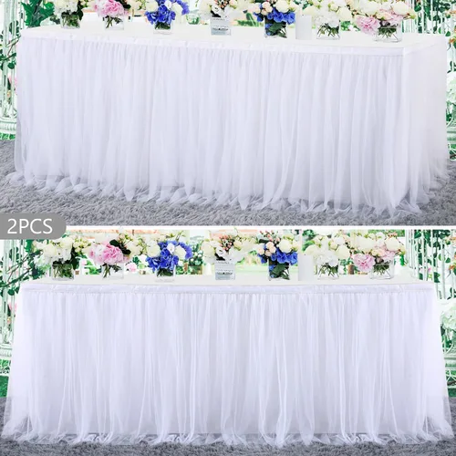 Vista 19 de Suppromo Pack de 2 faldas de mesa de tul azul de 6 pies para mesas rectangulares o redondas, mantel de tul azul para baby shower, cumpleaños