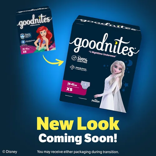 Vista 2 de Goodnites Ropa interior nocturna para niñas, talla extra pequeña (28-43 libras), 15 unidades, el embalaje puede variar