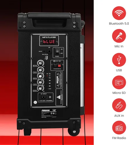 Vista 3 de Pyle PWMA899A - Sistema de altavoz Bluetooth inalámbrico portátil de 8 pulgadas, batería recargable incorporada, micrófono inalámbrico, USB/Micro