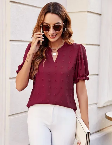 Vista 5 de Blooming Jelly Blusas de verano con mangas abombadas para mujer, blusas de gasa de manga corta con cuello en V blanco, camisas con pompones