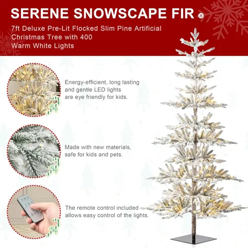 Vista 5 de Glitzhome Árbol de Navidad flocado, árbol de Navidad artificial preiluminado de 7 pies con 400 luces blancas cálidas, abeto de lujo Xmas paisaje