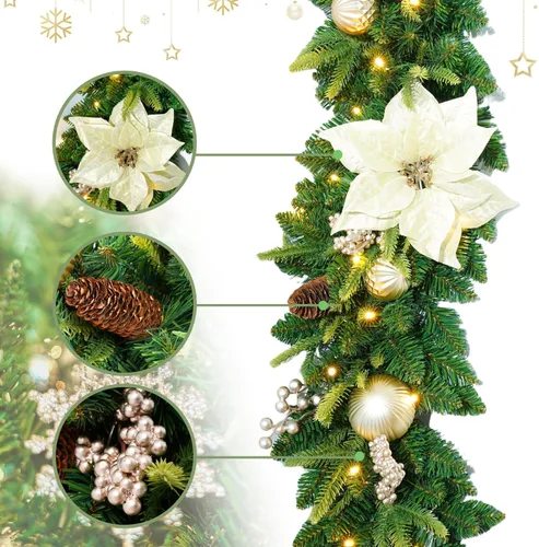 Vista 6 de CHILLSUN Guirnalda de Navidad preencendida de 9 pies con luces - Guirnaldas para decoración navideña, para repisa de chimenea y exteriores con bayas