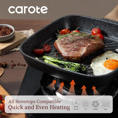 Vista 3 de CAROTE - Sartén antiadherente de 11 pulgadas para parrilla de acero inoxidable - Recubrimiento antiadherente de granito premium, sartén cuadrada