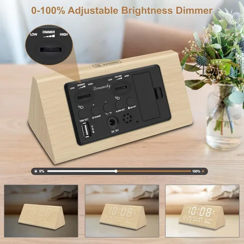Vista 5 de DreamSky Reloj despertador digital para dormitorios, reloj de escritorio de madera con fecha, día de la semana, puerto USB, temperatura, atenuador
