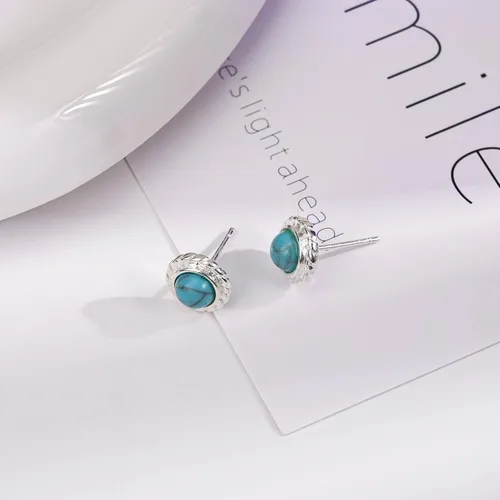 Vista 11 de Tibetan Turquoise Earrings 925 Sterling Silver Post Stud Boho Gemstone Hypoallergenic Handmade Earrings for Women Trendy Fashion