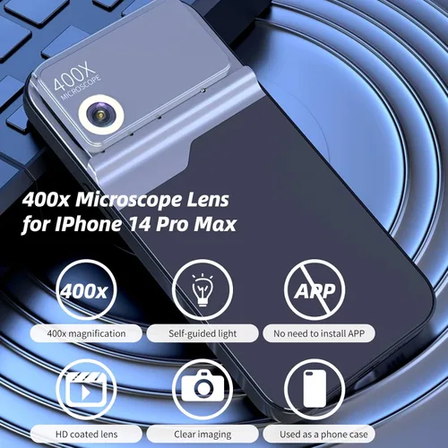 Vista 2 de DAUERHAFT Lente de microscopio 400x para teléfono, mini microscopio de teléfono HD de enfoque rápido con luz LED, instalación tipo canal para 14 Pro
