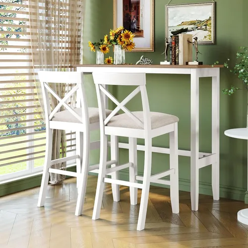 Vista 25 de Juego de mesa de comedor de 3 piezas con altura de mostrador, juego de comedor de madera maciza con 2 taburetes tapizados, mesa de comedor