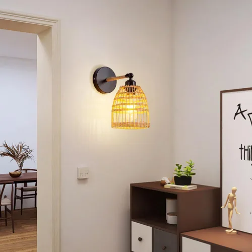 Vista 4 de Rattan Wall Sconce Handmade Wicker Wall Lamp Farmhouse Vintage Wall Light Retro Black E26 E27 Base Lighting Fixture for Living Room Bedroom Home
