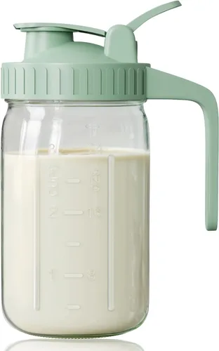 Vista 8 de Jarra de leche materna, tarro Mason de 32 onzas, tarro de boca ancha con tapa abatible verde y boquilla de vertido, sello hermético resistente