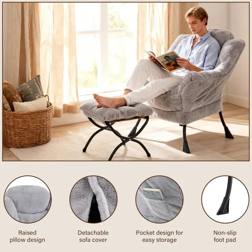 Vista 111 de Welnow Silla Lazy con otomana, moderna silla de descanso con reposabrazos y un bolsillo lateral, sillón para sofá de ocio, sillón de lectura