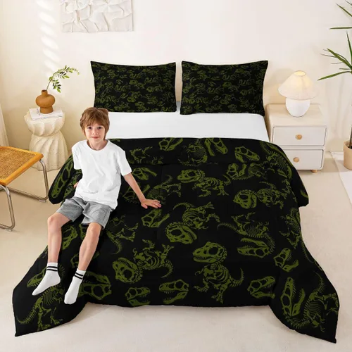 Vista 6 de Erosebridal Dinosaur Twin Comforter Set for Kids, Cute Dinosaur Theme 2Pcs Bedding Sets for Boys Girls, Dark Green and Black Dino Soft Bed Set