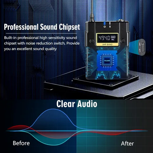 Vista 8 de FULAIM WM500 UHF - Sistema de micrófono inalámbrico Lavalier, micrófono de solapa de 16 canales con transmisor recargable y receptor para grabar