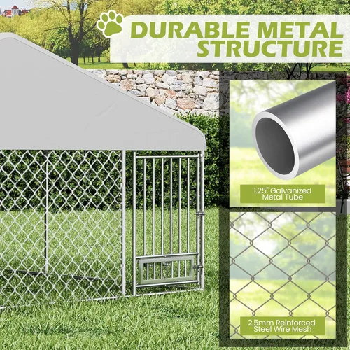 Vista 3 de Perrera para perros al aire libre de 13 x 13 pies con techo, valla exterior para perros con cuencos rotados para perros, recinto grande
