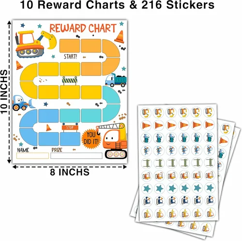 Vista 2 de Tabla de recompensas temáticas de construcción, 10 tablas de comportamiento para niños con 216 calcomanías redondas, tabla de responsabilidad