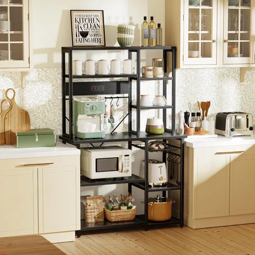 Vista 2 de SUPERJARE Estante grande de panadería con tomas de corriente, soporte para microondas de 6 niveles, barra de café con 12 ganchos en forma de S