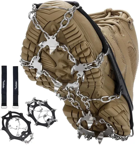 Crampons 19 Spikes with Stainless Steel Chain Ice Snow Grips Traction Cleats System Safe Protect for Walking, Jogging, Climbing, Hiking on Snow and