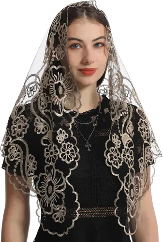 Vista 3 de Bozidol Cubierta triangular para la cabeza de la iglesia, velo de iglesia vintage bordado con cáliz cruzado para mujer