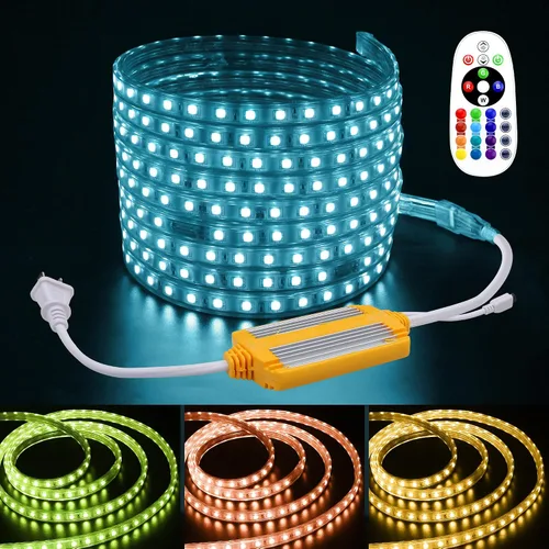 Tira de luces LED RGB impermeable para exteriores, 16.4 pies, con control remoto, CA de 110 V-130 V, regulable que cambia de color, flexible, luz