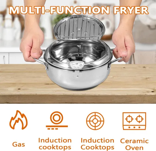 Vista 4 de Olla de 8.2 pulgadas de profundidad con cesta coladora y termómetro, olla profunda de acero inoxidable con asa, mini freidora de aceite