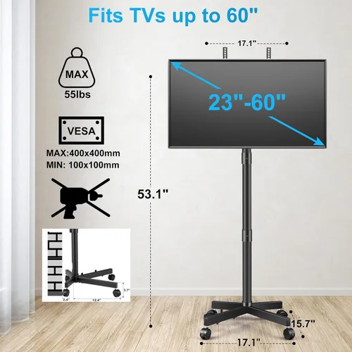 Vista 5 de La Jaco Soporte de TV móvil con ruedas para pantallas de panel plano LCD LED de 23 a 60 pulgadas, soporte de TV móvil ajustable en altura con ruedas