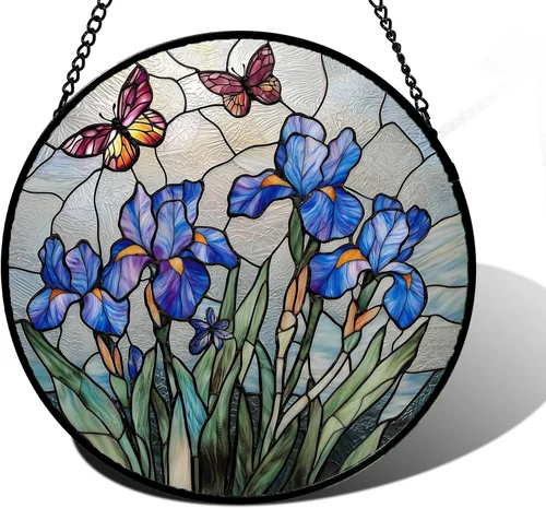 Vista 24 de DASTOLL Juego de 4 piezas para colgar vidrieras con temática de insectos rosa y verde de 6.3 pulgadas, diseño de mariposa, atrapasoles, puerta