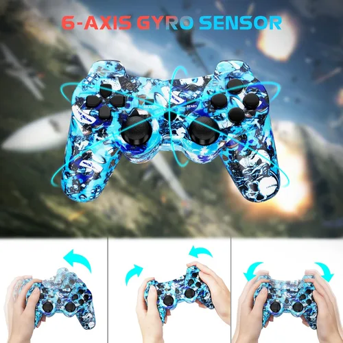 Vista 4 de Kujian Controller for PS3, Wireless Controller for Playstation 3 6-axis Dual Vibration Gaming Controller with Charging Cord(Blaze Skull+Blue punk)
