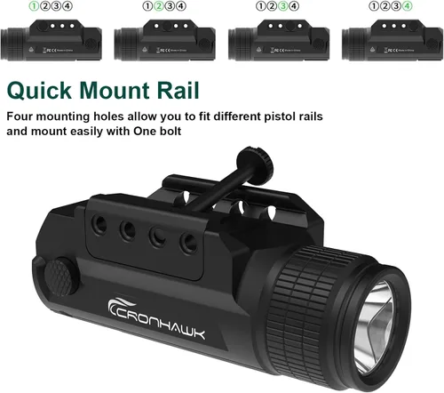 Vista 5 de CRONHAWK linterna de pistola recargable de 700 lúmenes, linterna táctica compacta de montaje en riel, luz de arma para arma, se ajusta a Picatinny