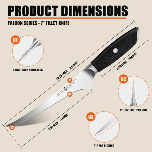 Vista 3 de TUO Cuchillo de filete, cuchillo profesional para deshuesar peces de 7 pulgadas para recortar carne y aves de corral, hoja flexible, acero alemán