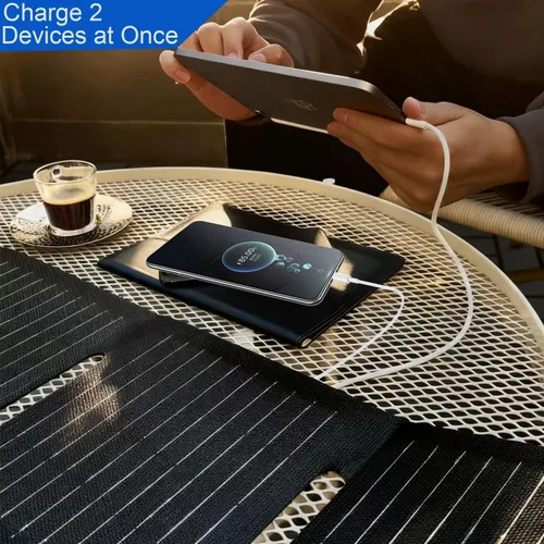 Vista 5 de Paneles solares portátiles de 30 W, ETFE Panel solar plegable con puertos USB-C/USB-A/CC para senderismo, camping, mochileros, cargador solar