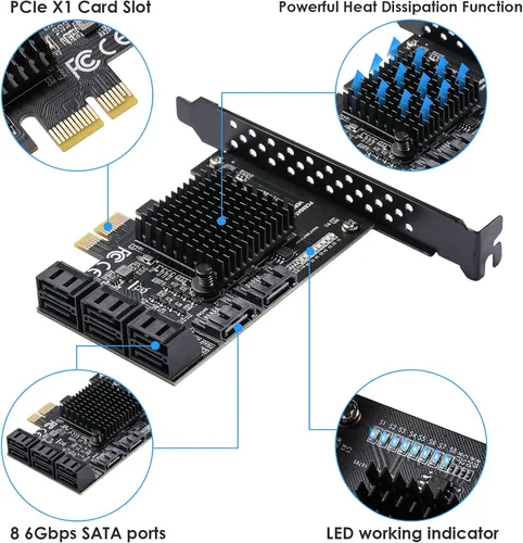 Vista 5 de Tarjeta de expansión de controlador SATA 3.0 de 8 puertos con 8 cables SATA, Gen3 6Gbps, soporte de perfil bajo, para Windows 10/8/Ubuntu ASM1064