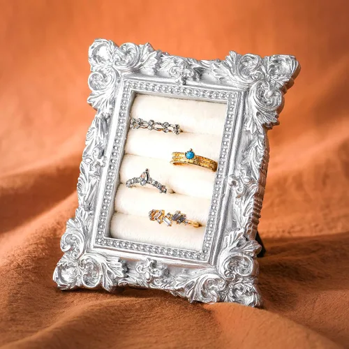 Vista 14 de Liliaafar Soporte de anillo vintage con arco negro para exhibición de boda, joyero de gamuza, marco para aretes, bandeja de aniversario, compromiso