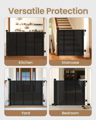 Vista 8 de Puerta retráctil para bebé, puerta de malla para bebés de 55 pulgadas de ancho con 4 varillas reforzadas, puerta antiflacidez de 34 pulgadas de Negro